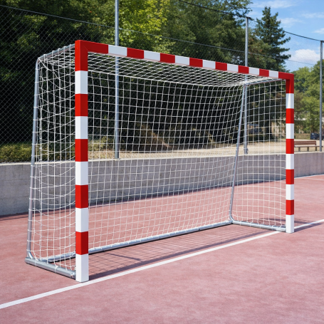 Portería de balonmano con postes rojos y blancos en una cancha al aire libre.